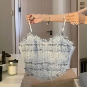 Vintage crop tops tank with bra pad Unique Blue French Top Chanel fabric…